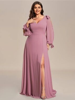 Ever Pretty Mauve Pink Long Sleeve V-Neck Gown with Thigh Slit